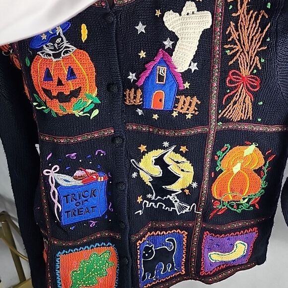 Vintage Halloween Boo Size L Knit Embroidered Cardigan Sweater - Picture 4 of 16